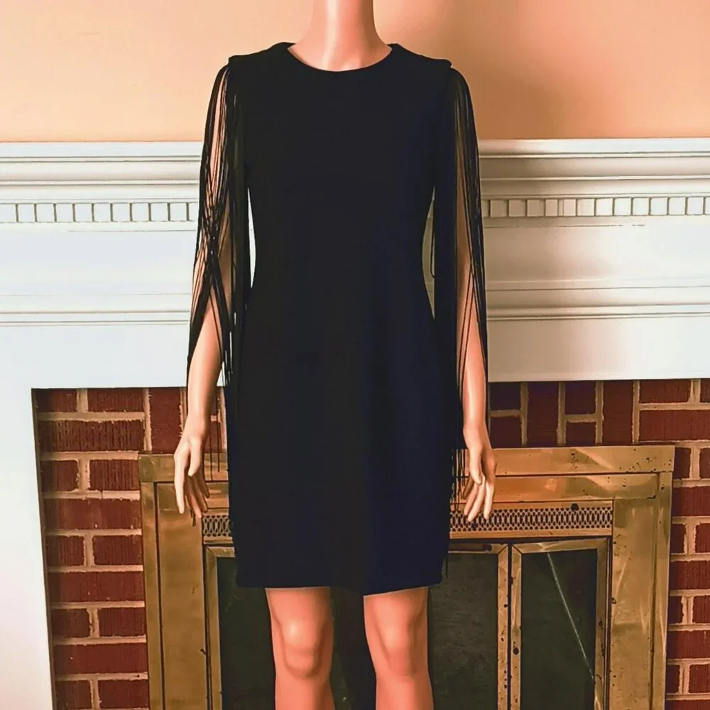 Taylor Fringe Sleeve Sheath Dress 4 Women's Black Evening Cocktail. Stretch